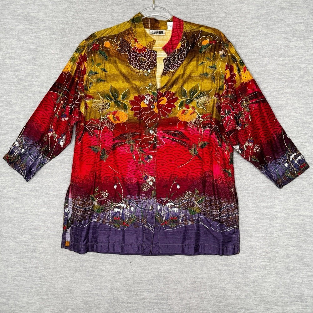 Vintage Chico's Design 100% Silk Button Up Tunic Size 0 Small Beaded Art To Wear